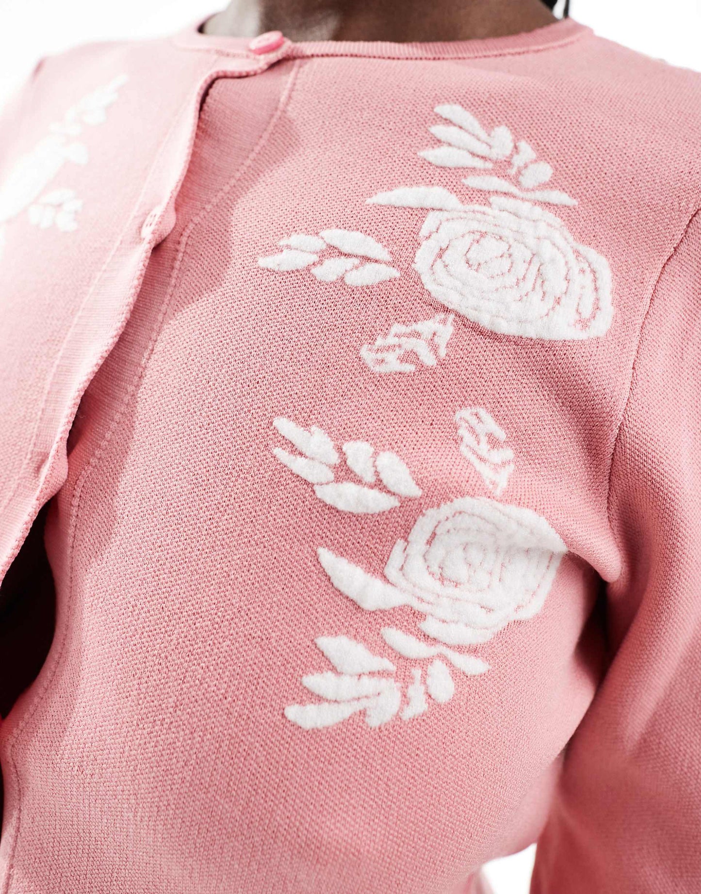 Crew Neck Cardigan With Floral Jacquard Pattern Co-Ord