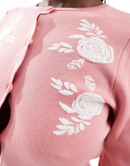 Crew Neck Cardigan With Floral Jacquard Pattern Co-Ord