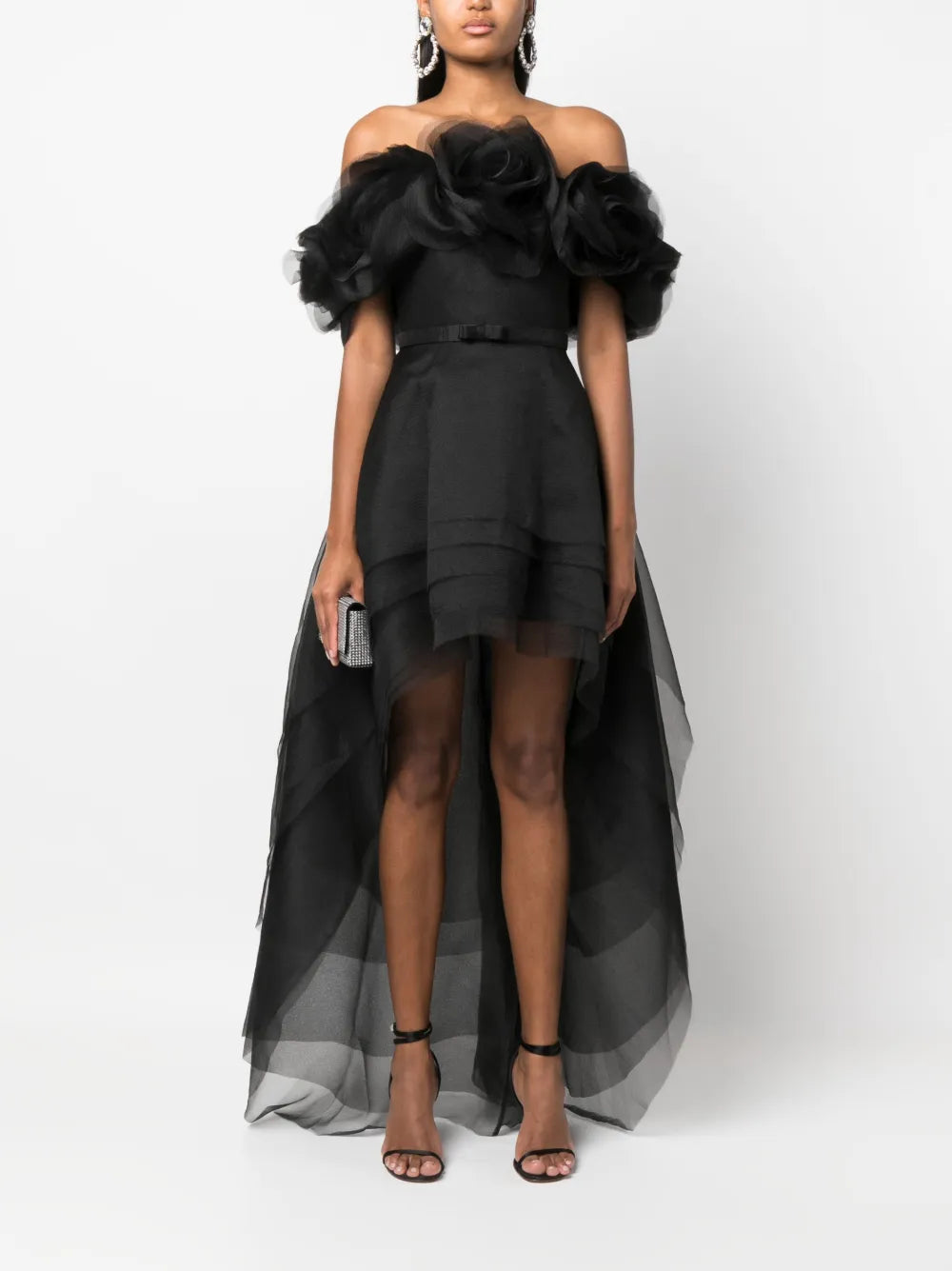 Floral-Appliqué Organza Layered Dress