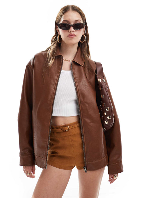 Washed Faux Leather Oversized Bomber Jacket