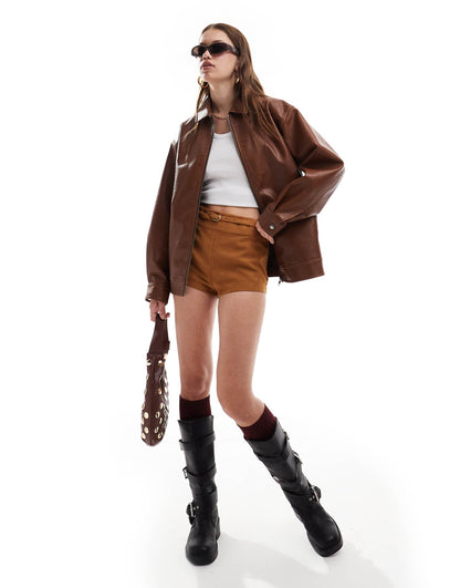 Washed Faux Leather Oversized Bomber Jacket