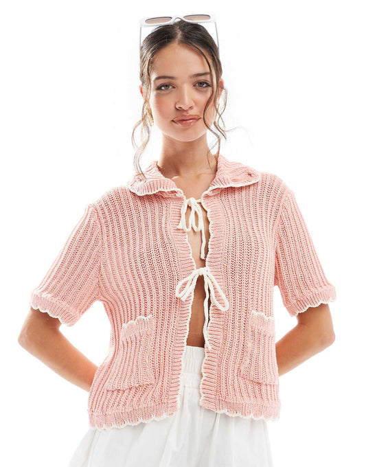 Scallop Edge Collar Cardigan With Ties