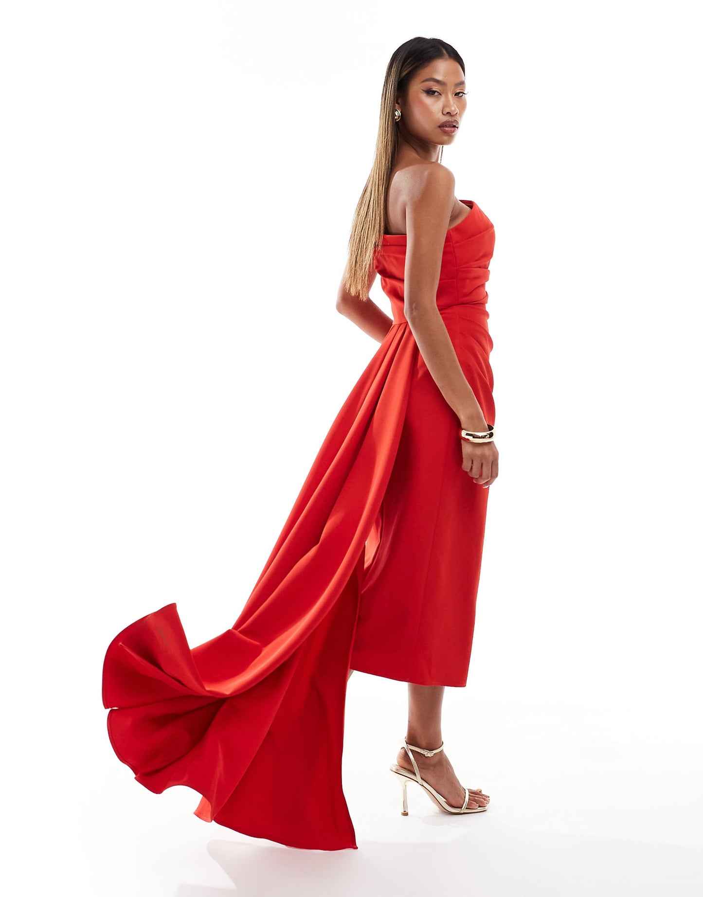 Off The Shoulder Midi Dress With Train Detail