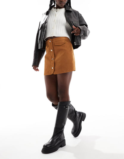 Button Front Pocket Detail Faux Suede Skort
