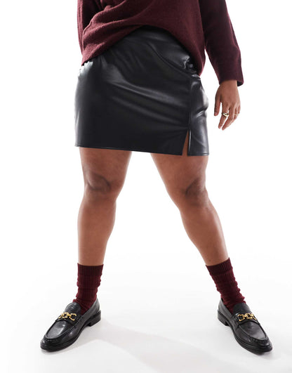 Curve Split Front Leather Look Mini Skirt