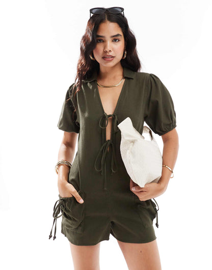 Dropped Drawstring Pocket Playsuit With Puff Sleeve Detail