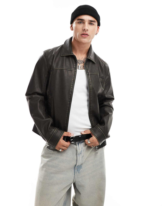 Faux Leather Harrington Jacket With Seam Details