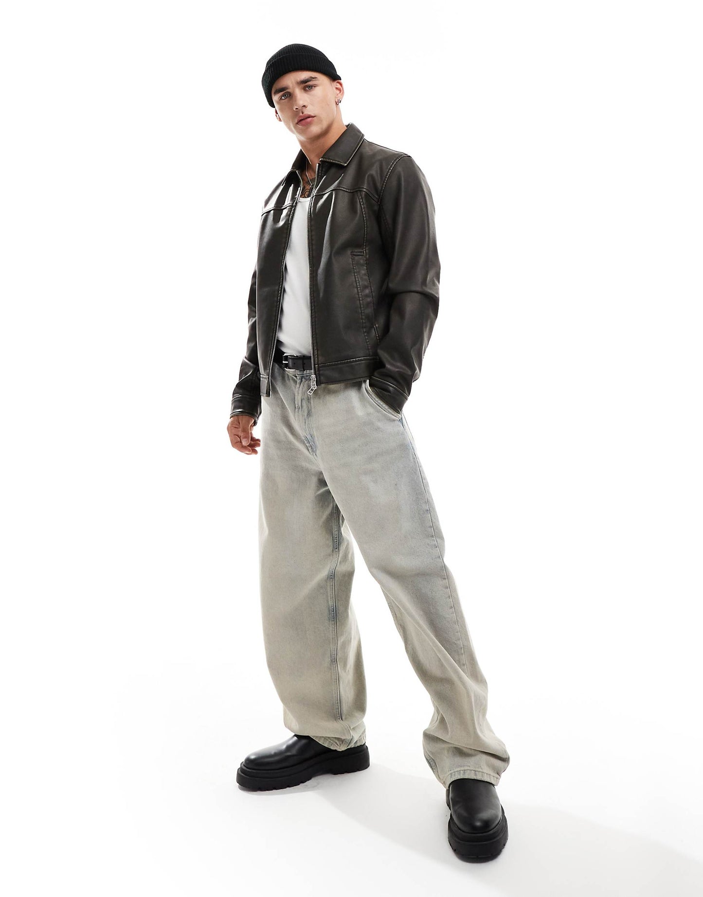 Faux Leather Harrington Jacket With Seam Details