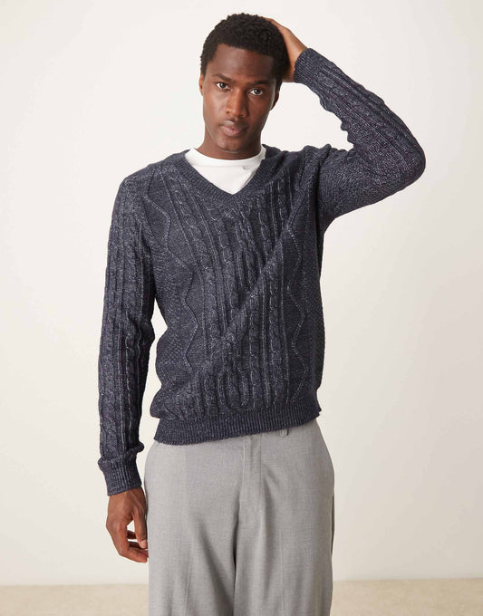 Heavyweight Cable Knit V-Neck Jumper
