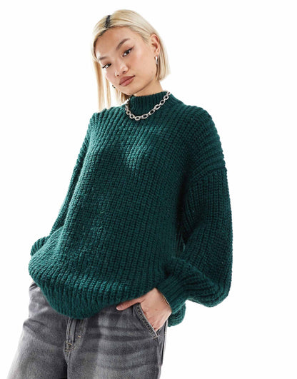 High Neck Chunky Rib Knitted Jumper With Volume Sleeve