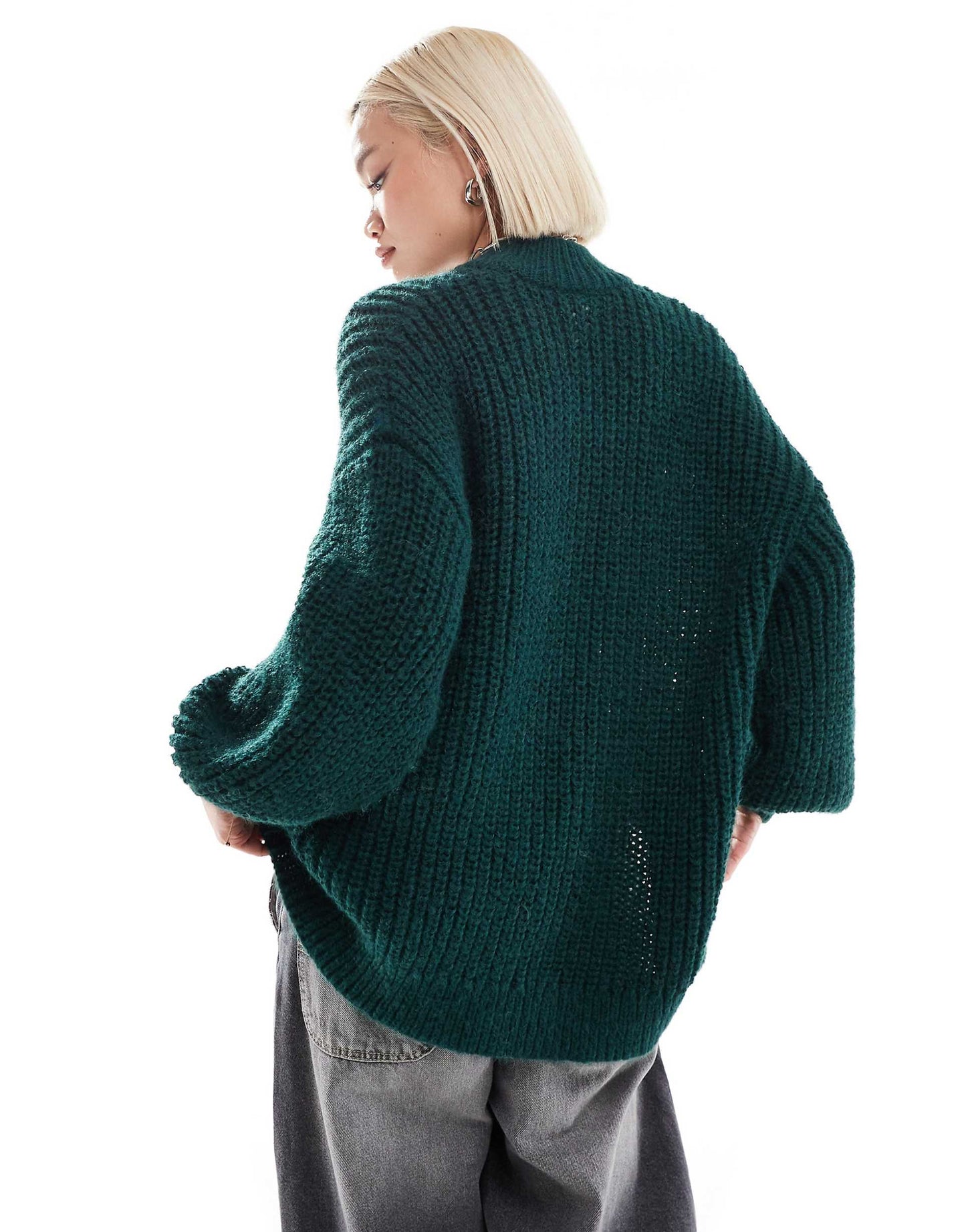 High Neck Chunky Rib Knitted Jumper With Volume Sleeve