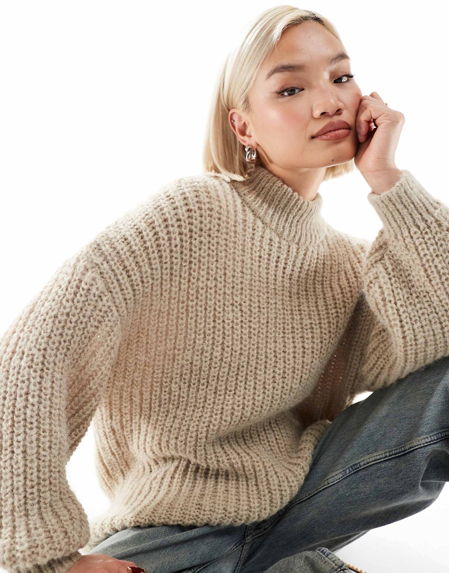 High Neck Chunky Rib Knitted Jumper With Volume Sleeve