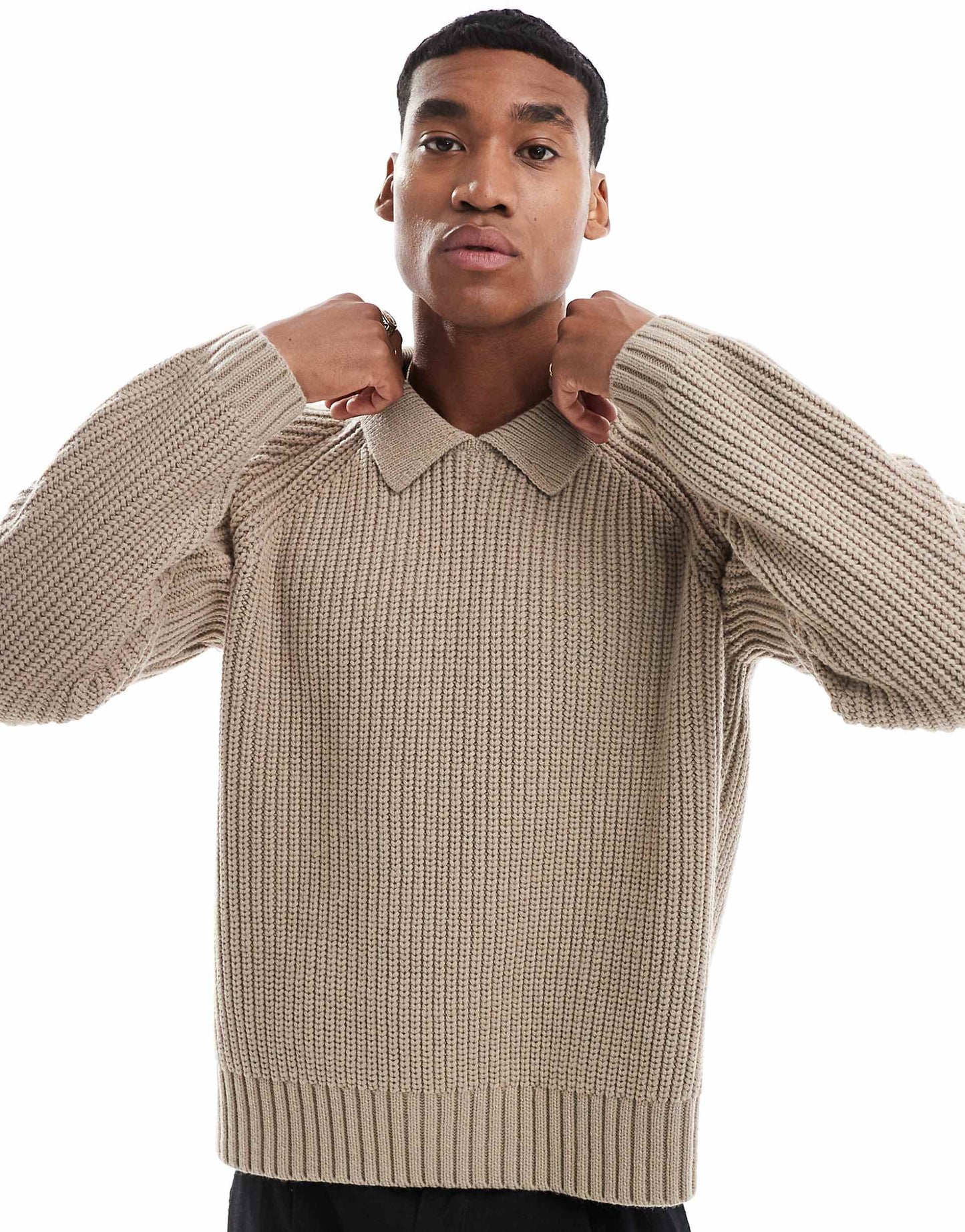 Oversized Boxy Fit Heavyweight  Knitted Wool Mix Cable Jumper With Collar