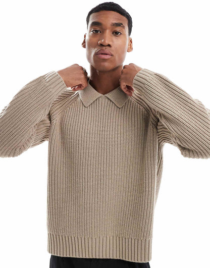 Oversized Boxy Fit Heavyweight  Knitted Wool Mix Cable Jumper With Collar