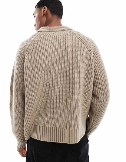 Oversized Boxy Fit Heavyweight  Knitted Wool Mix Cable Jumper With Collar