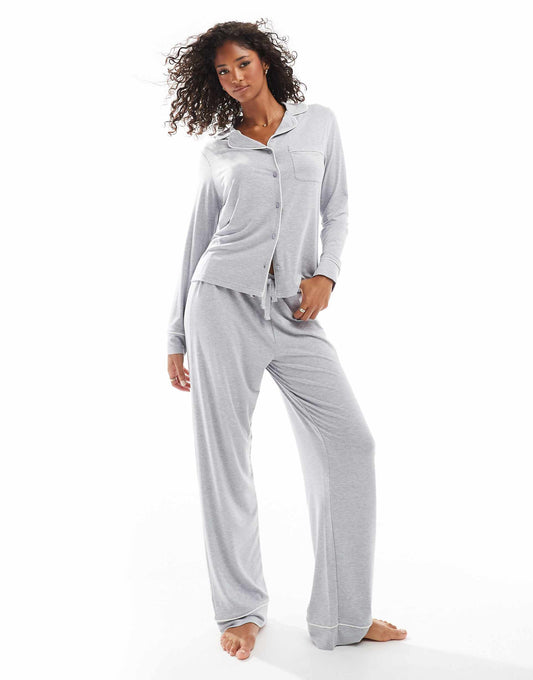 Super Soft Long Sleeve Shirt & Trouser Pyjama Set With Contrast Piping