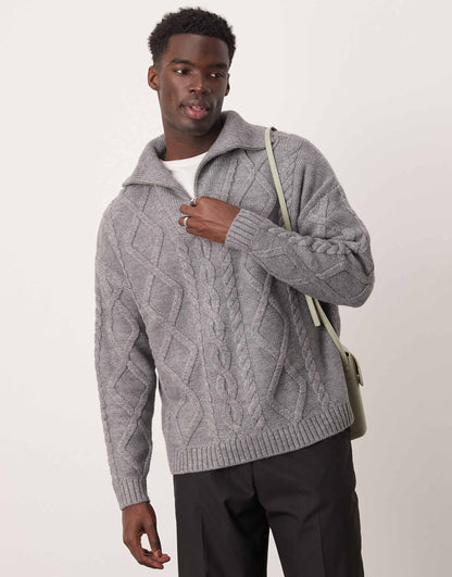 Oversized Heavyweight Knitted Wool Mix Cable Quarter Zip Jumper