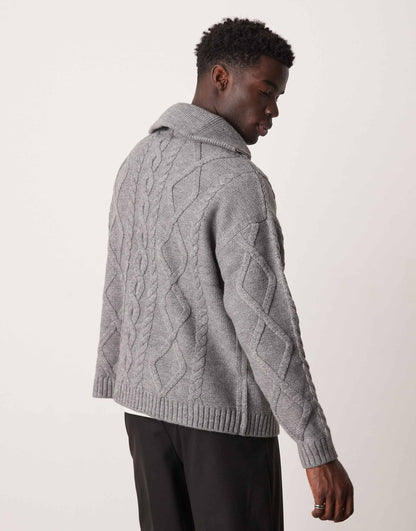 Oversized Heavyweight Knitted Wool Mix Cable Quarter Zip Jumper