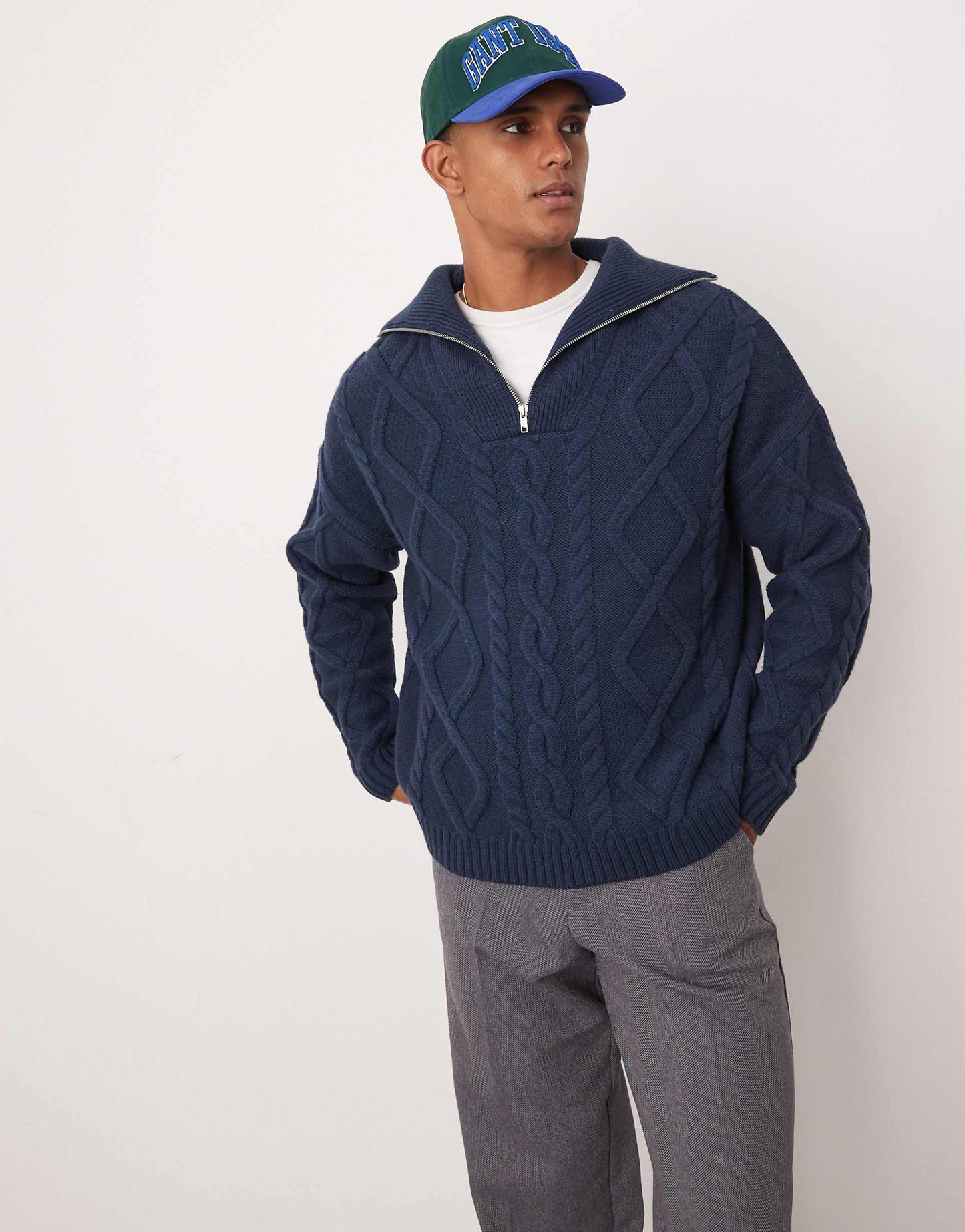 Oversized Heavyweight Knitted Wool Mix Cable Quarter Zip Jumper