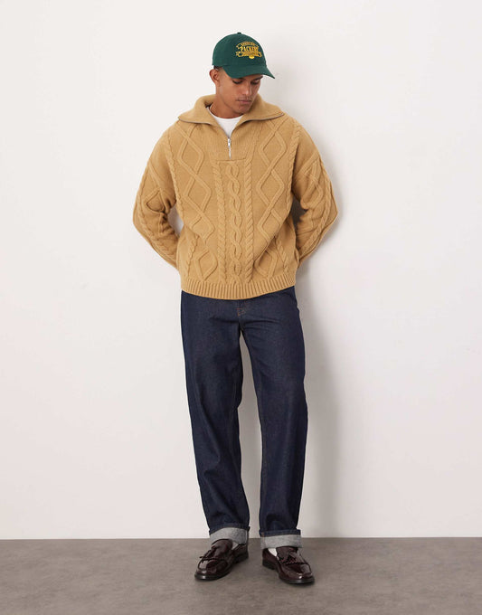 Oversized Heavyweight Knitted Wool Mix Cable Quarter Zip Jumper