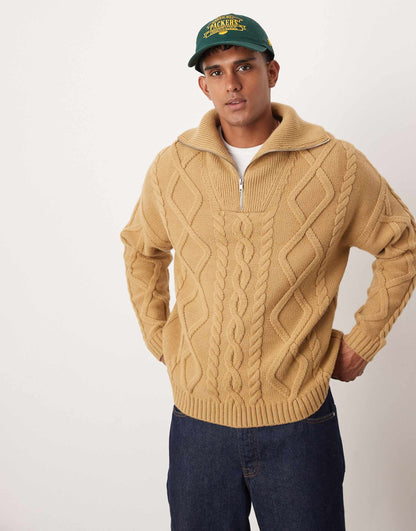 Oversized Heavyweight Knitted Wool Mix Cable Quarter Zip Jumper