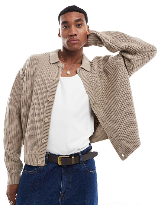 Oversized Heavyweight Knitted Wool Mix Button Through Cardigan