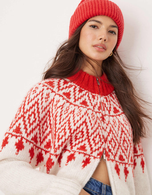 Chunky Zip Through Cardigan With Fairisle Pattern