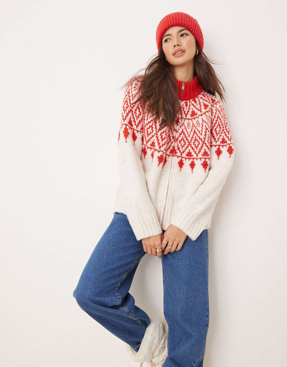 Chunky Zip Through Cardigan With Fairisle Pattern