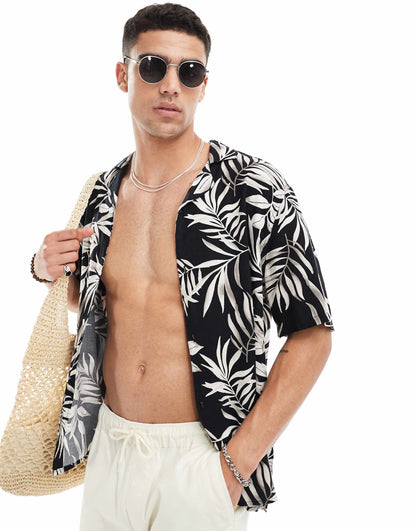 Thrifted Short Sleeve Revere Collar Tropical Floral Print Rayon Shirt