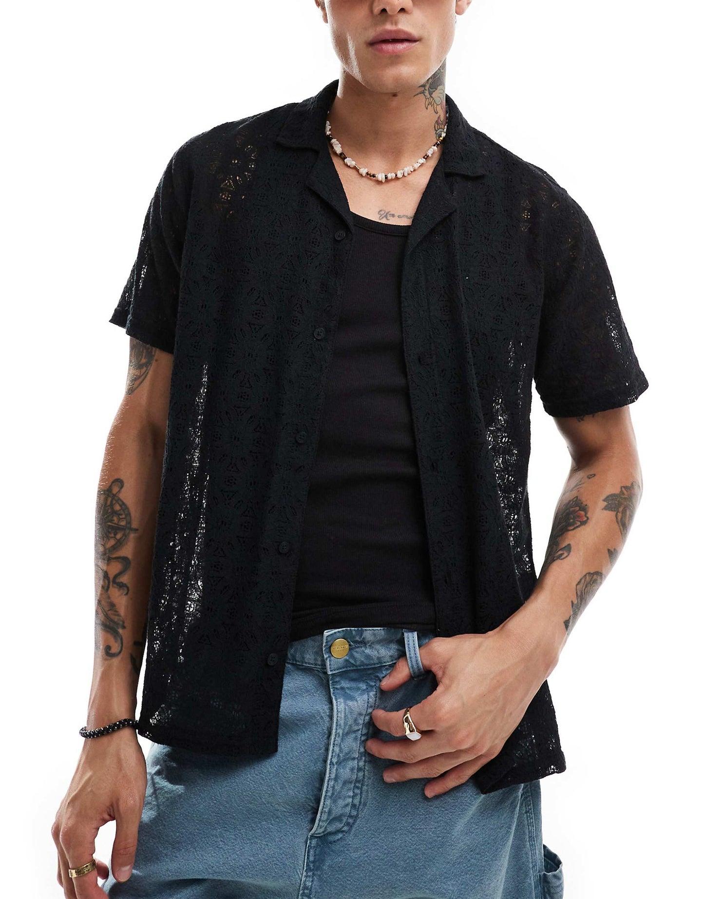 Short Sleeve Revere Collar Lace Shirt