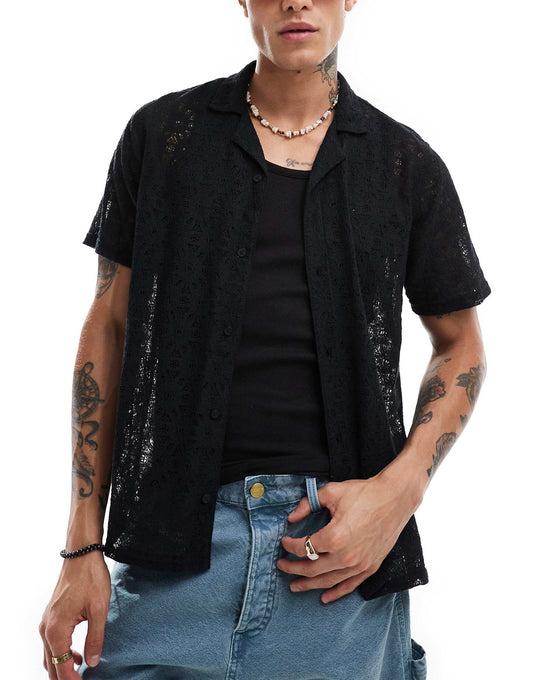 Short Sleeve Revere Collar Lace Shirt