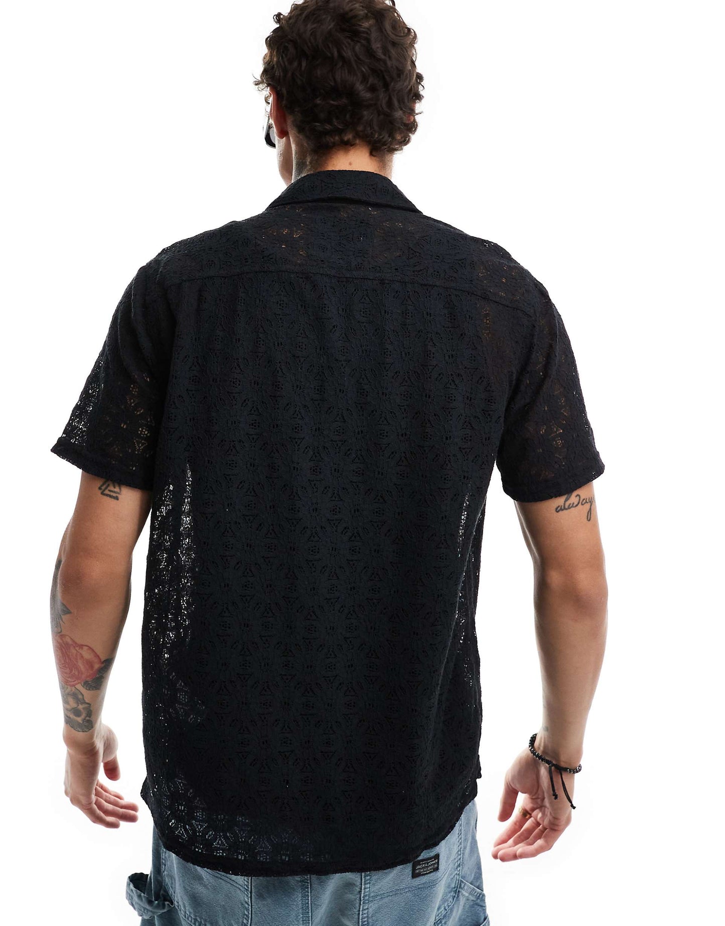 Short Sleeve Revere Collar Lace Shirt