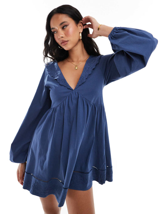Collared Smock Long Sleeve Mini Dress With Embroidery & Cutwork