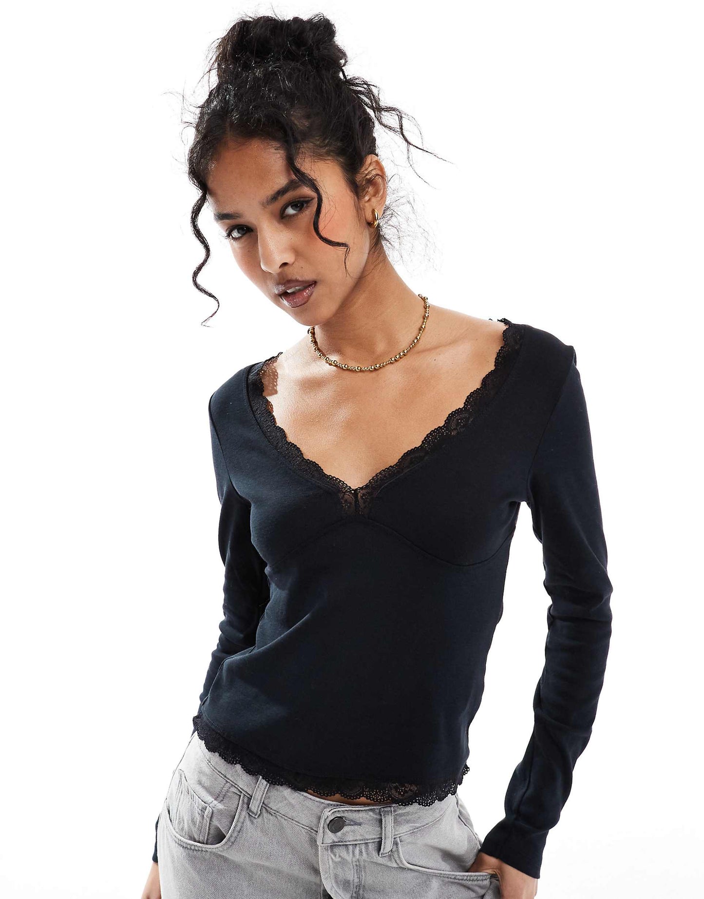 V Neck Long Sleeve Top With Lace Detail