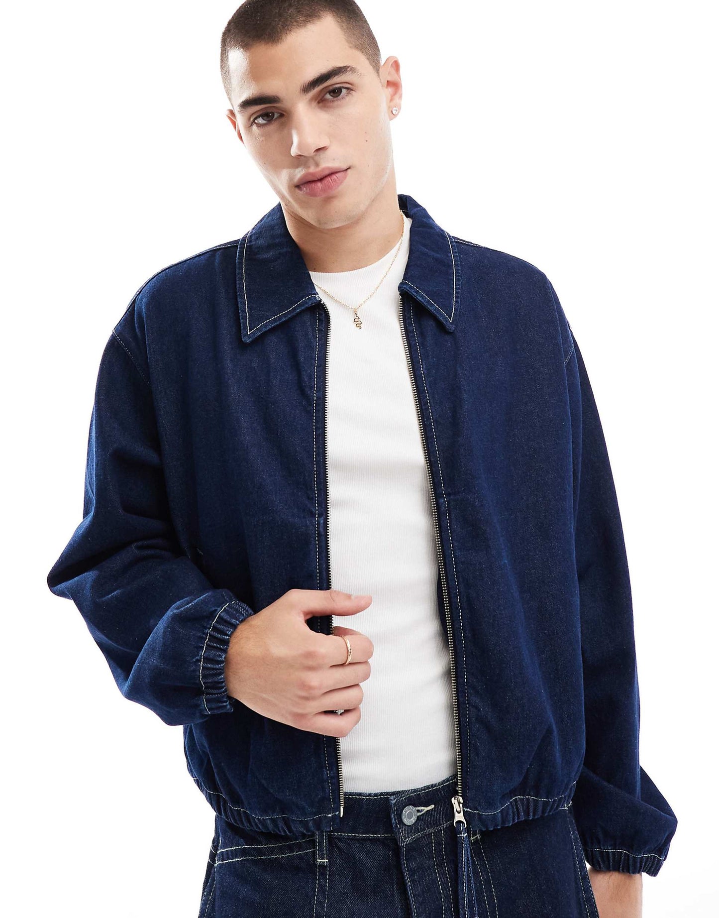 Cropped Raw Denim Harrington Jacket With Contrast Stitch