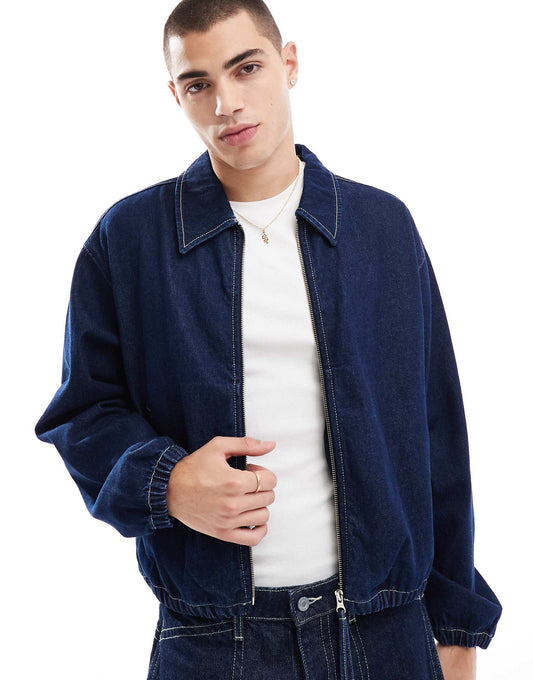 Cropped Raw Denim Harrington Jacket With Contrast Stitch