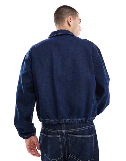 Cropped Raw Denim Harrington Jacket With Contrast Stitch