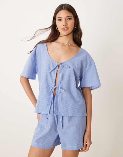 Short Sleeve Tie Front Top Pyjama Co Ord