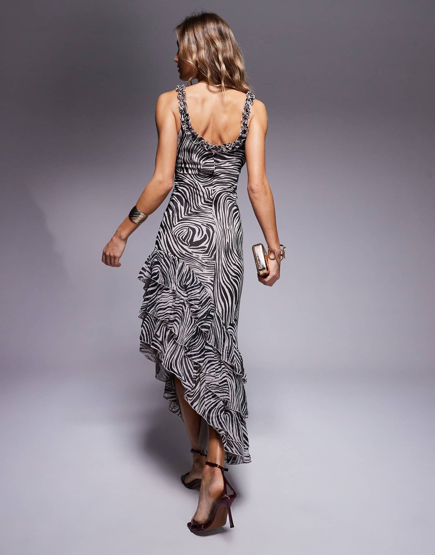 Ruffle Scoop Neck Asymmetric Frill Hem Midi Dress