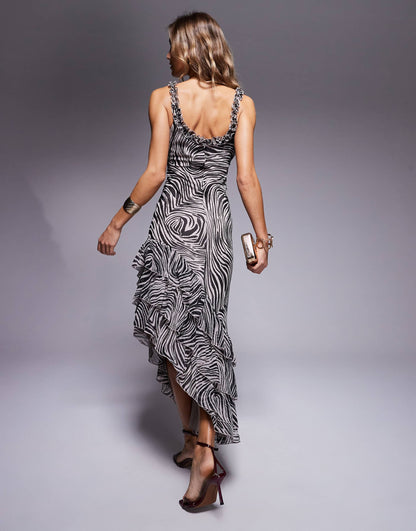 Ruffle Scoop Neck Asymmetric Frill Hem Midi Dress