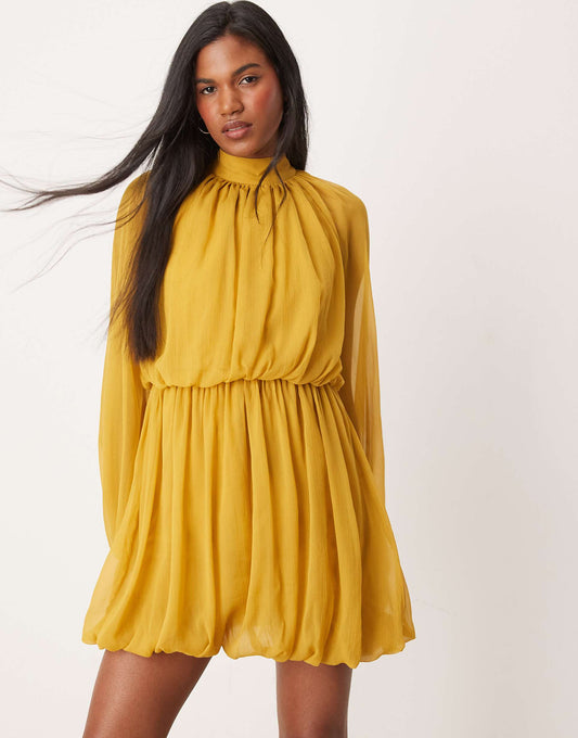 Long Sleeve Blouson Mini Dress With Skirt