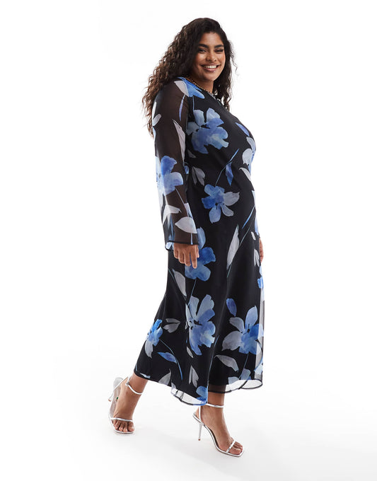 Curve Chiffon Long Sleeve Midi Dress