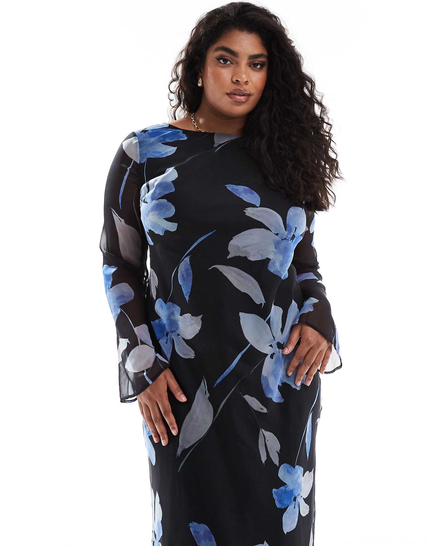 Curve Chiffon Long Sleeve Midi Dress