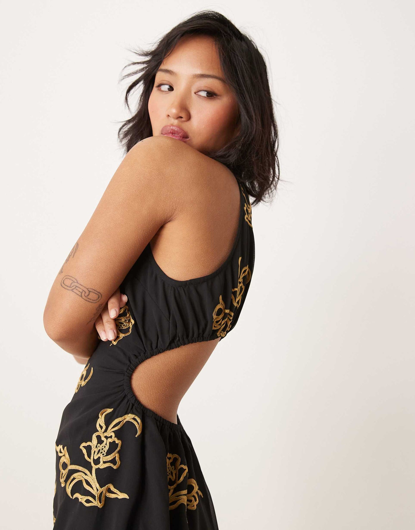 Petite All Over Floral Embroidered Halter Mini Dress With Open Back