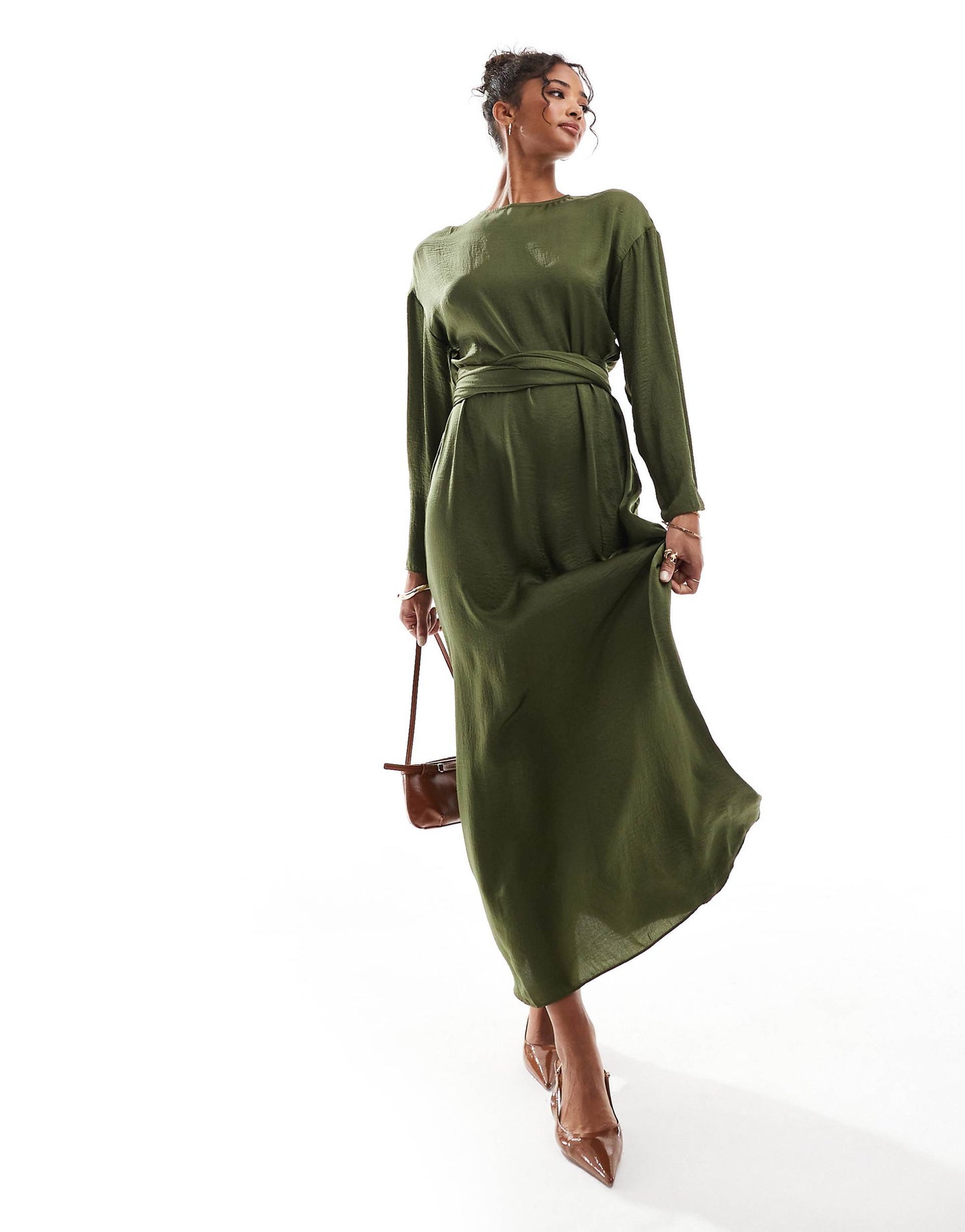 Satin Long Sleeved Tie Detail Maxi Dress