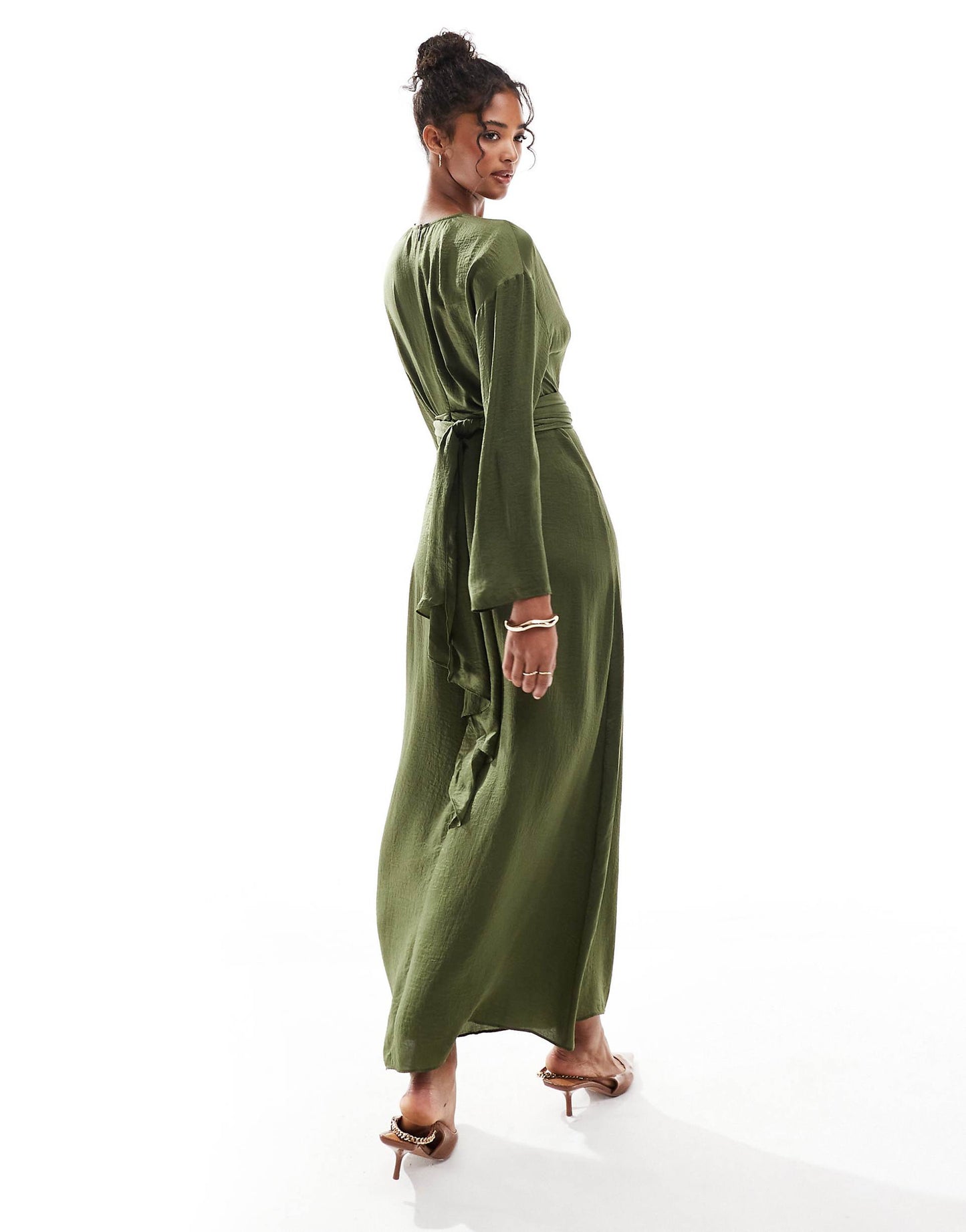 Satin Long Sleeved Tie Detail Maxi Dress