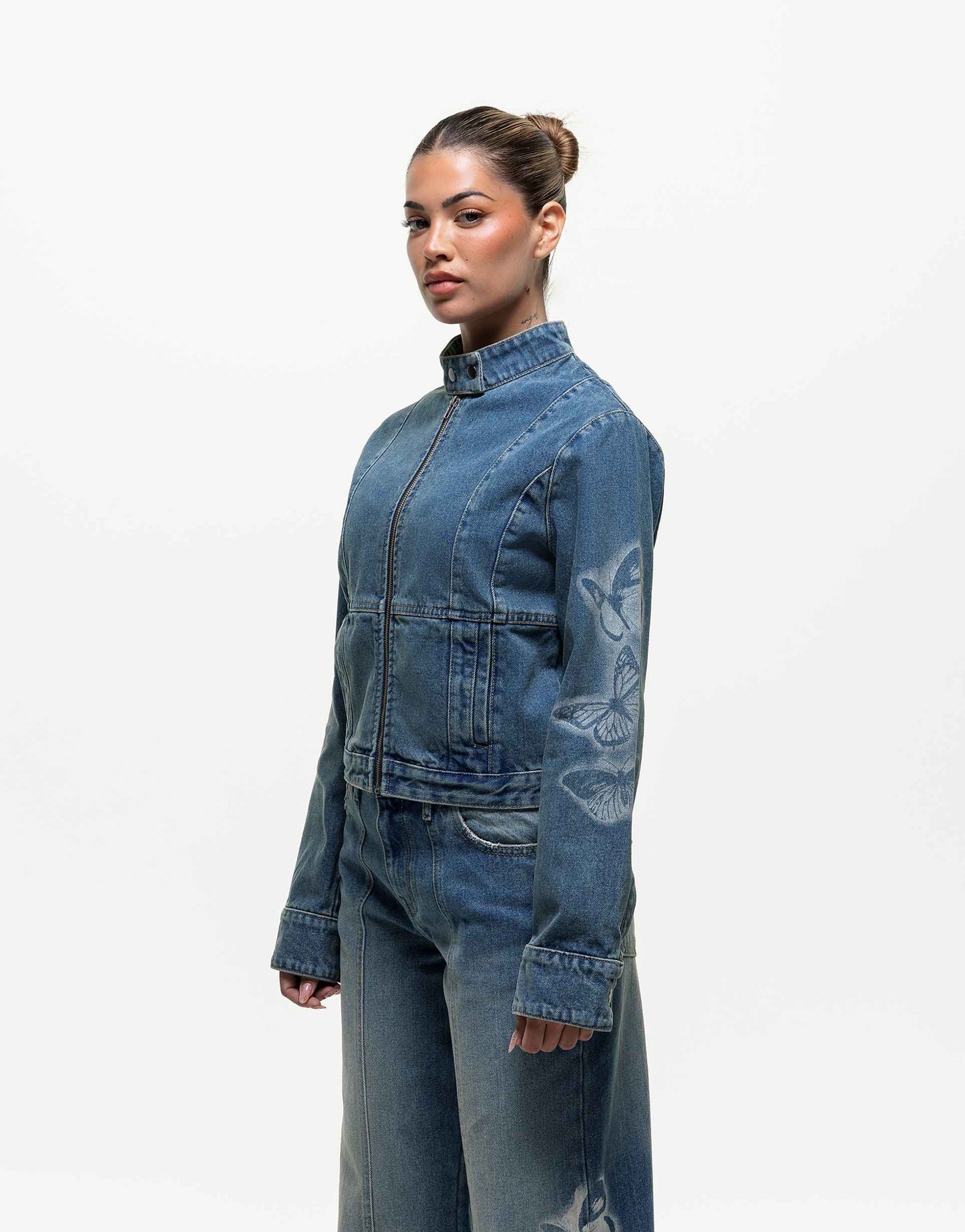 Denim Jacket With Butterfly Stamp Detail