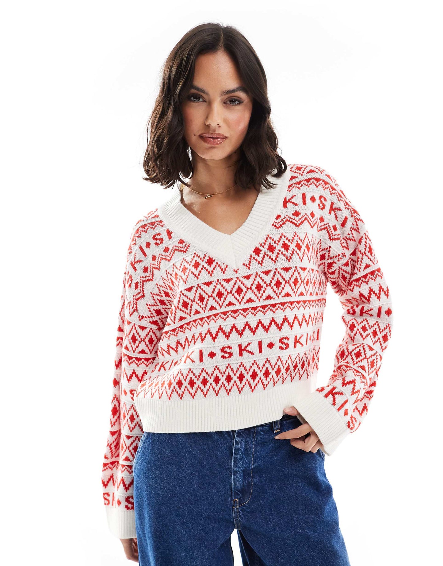 V Neck Slogan Jumper With Fairisle Pattern