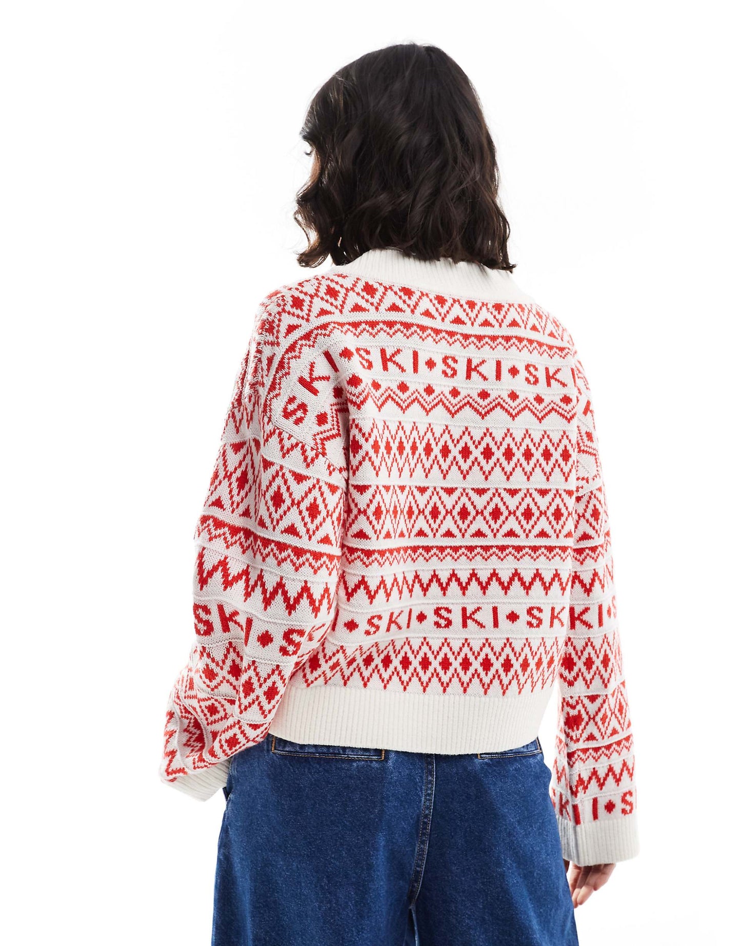 V Neck Slogan Jumper With Fairisle Pattern