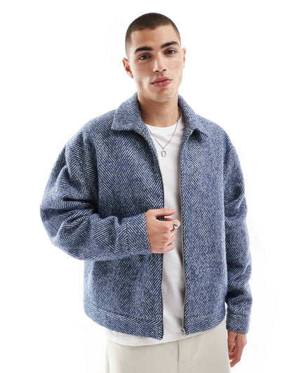Oversized Wool Look Harrington Jacket With Herringbone